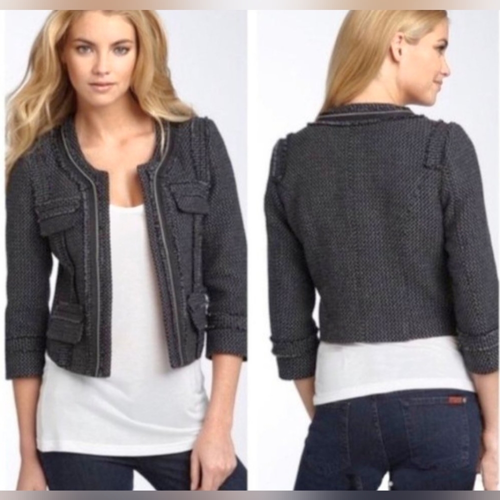 Hinge Women's Jacket Short Open Front Gray Tweed Wool Blend Long Sleeve …